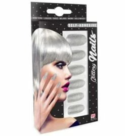 SET FAUX ONGLES ARGENTÉS (Auto Adhésifs Iridescents) 12 Faux Ongles à Paillettes