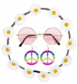 SET ACCESSOIRES HIPPIE (Boucles D'oreilles, Lunettes) Bandeau Cheveux à Fleurs